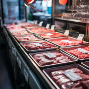 Mostrador de carnicería con diferentes tipos de carne roja, cada pieza etiquetada con códigos de barra y precios, en un supermercado.