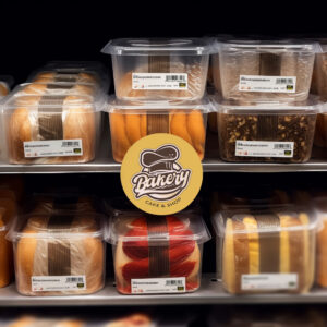 Productos de panadería envasados en recipientes de plástico transparente, etiquetados con códigos de barra, en un estante iluminado.
